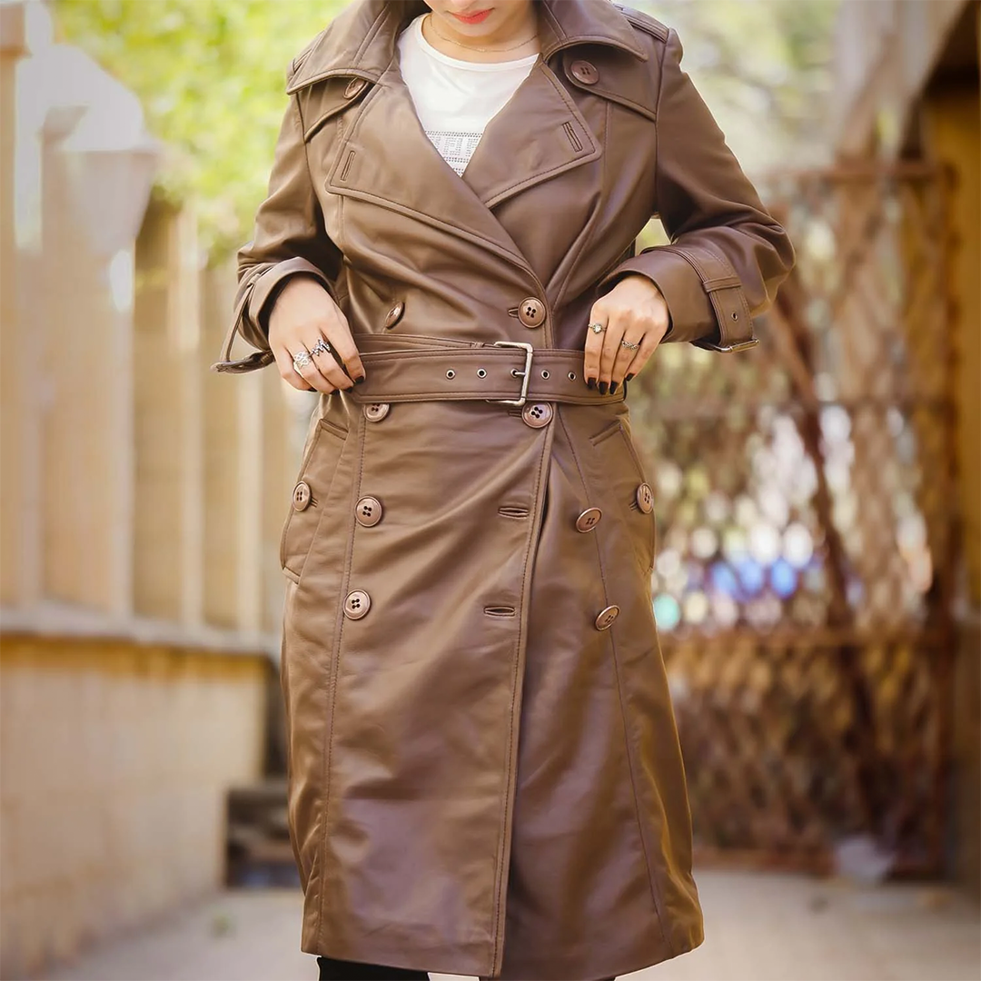 Women's Brown Double Breasted Leather Trench Coat