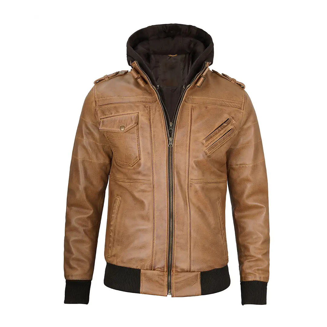 Men's Camel Brown Removable Hood Leather Jacket