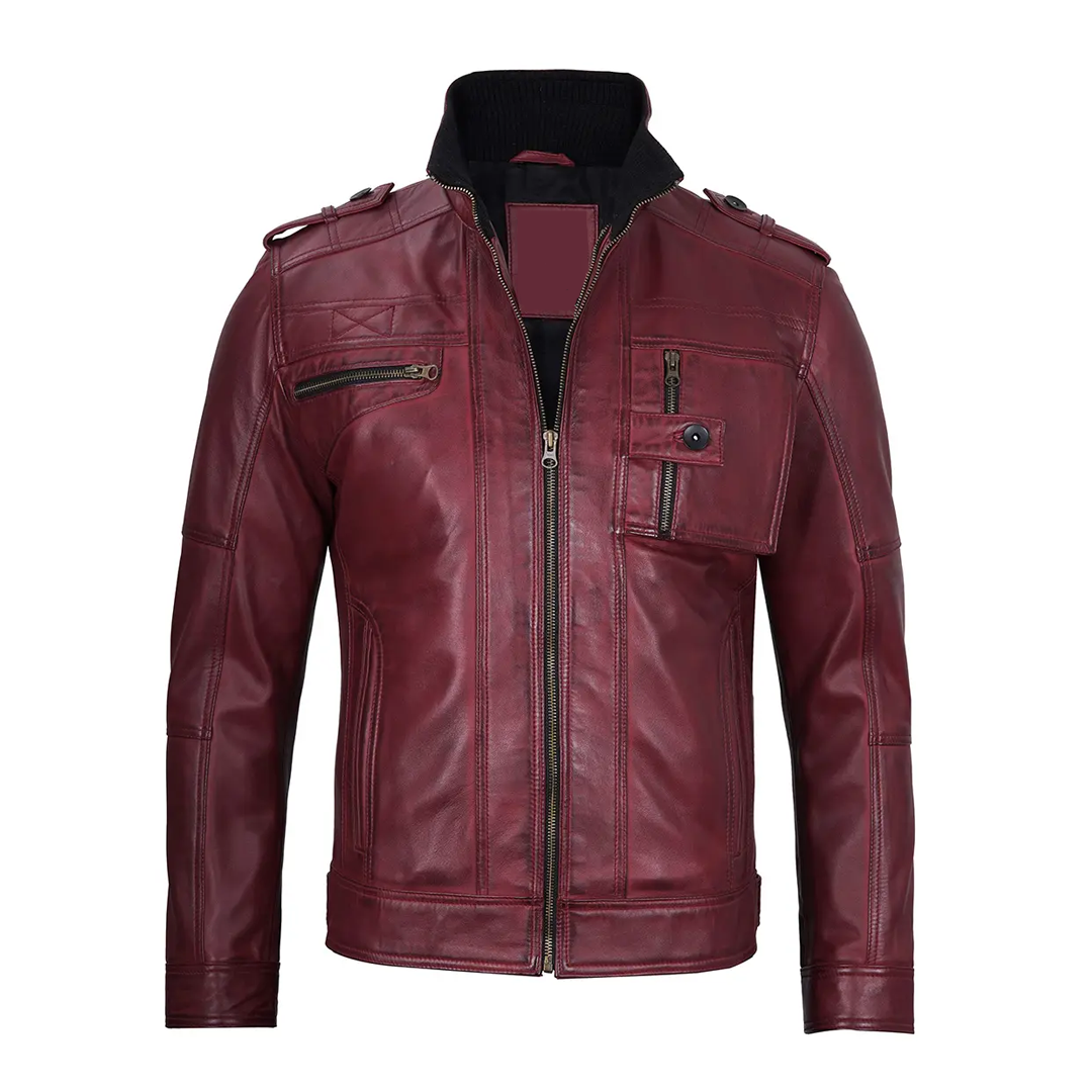 Men's Maroon Cognac Biker Leather Jacket