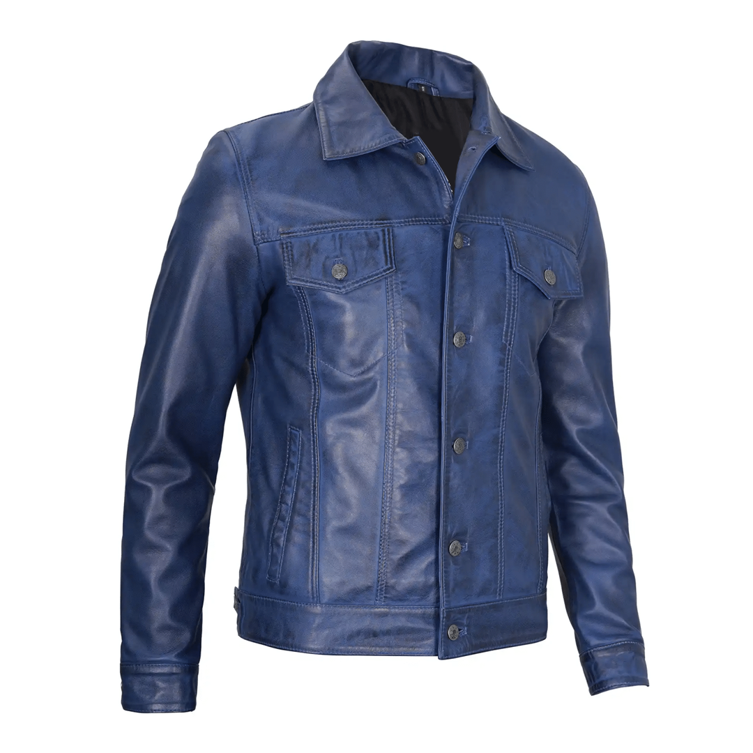 Men's Navy Fernando Leather Trucker Jacket