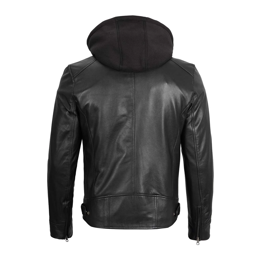 Men's Removable Hoodie Zipper closure Leather Jacket