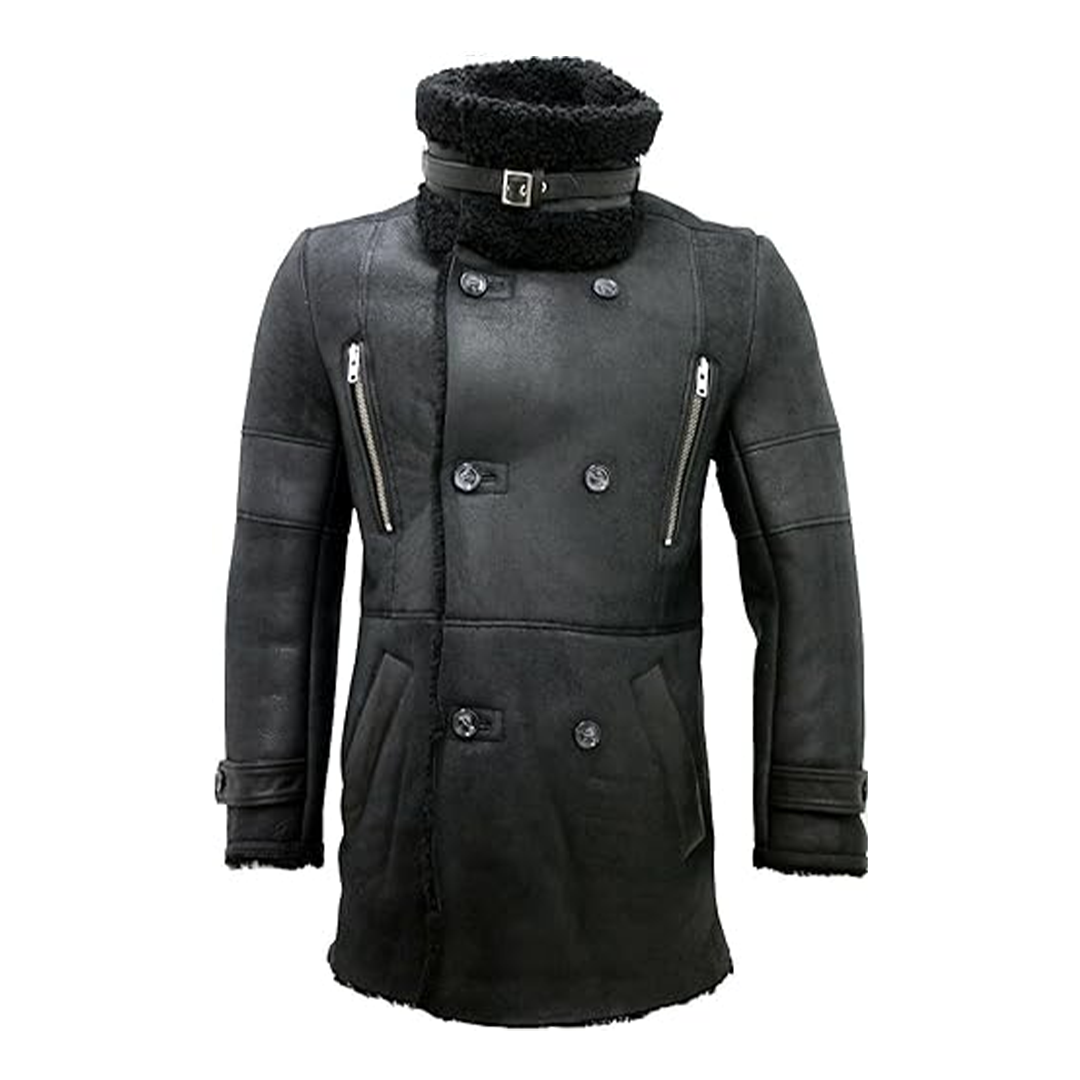 Black Reefer Double Breasted Warm Real Leather Coat