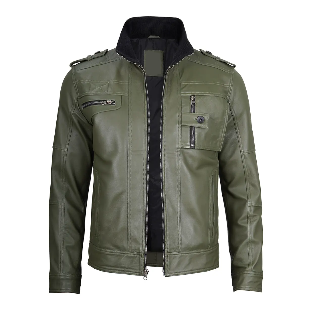 Men's Green Cognac Biker Leather Jacket