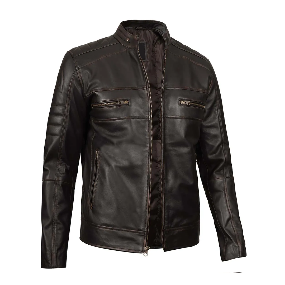 Men's Distressed Dark Brown Biker Real Leather Jacket