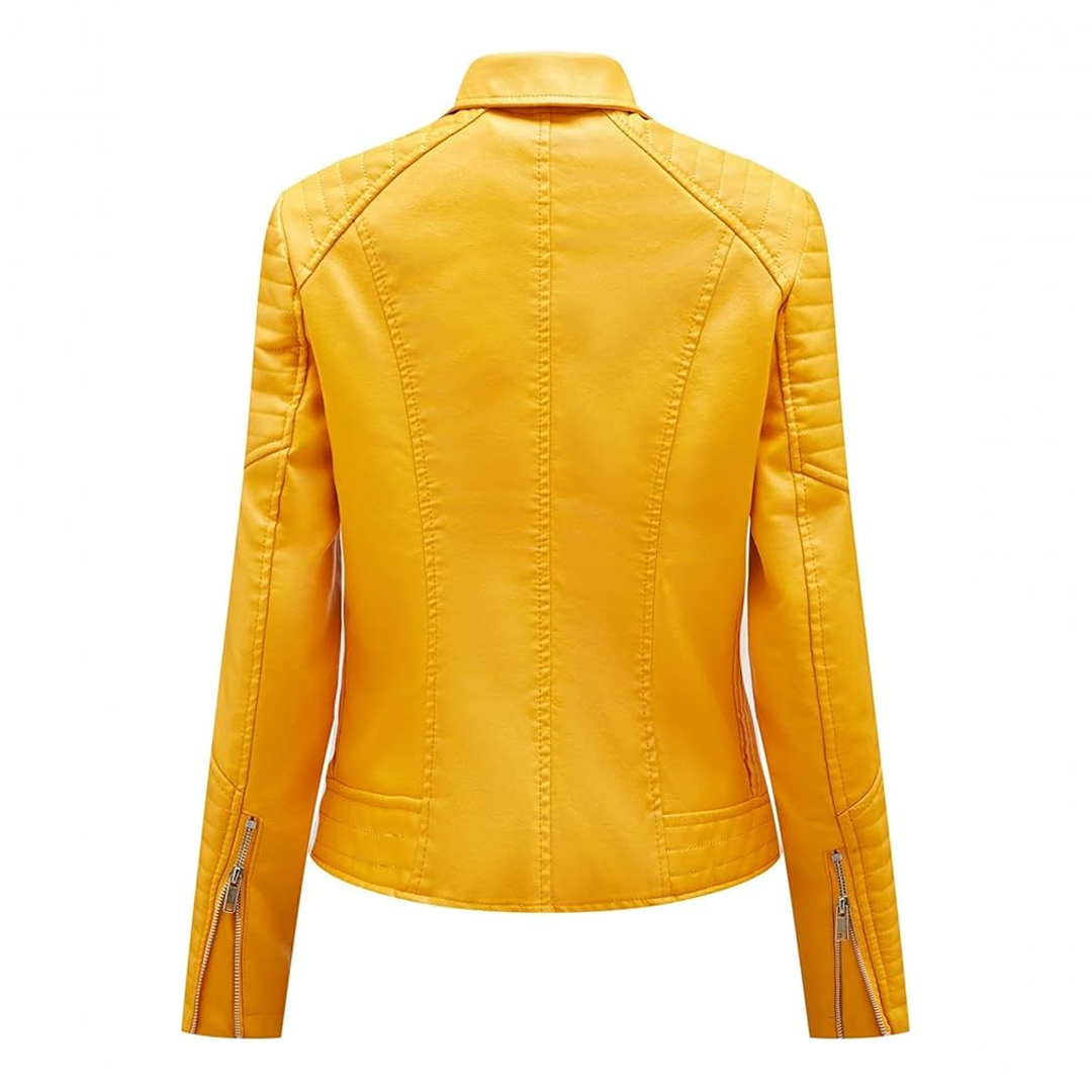 Women's Yellow Lapel Collar Moto Leather Jacket