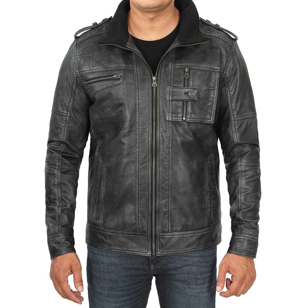 Men's Black Tavares Distressed Leather Biker Jacket