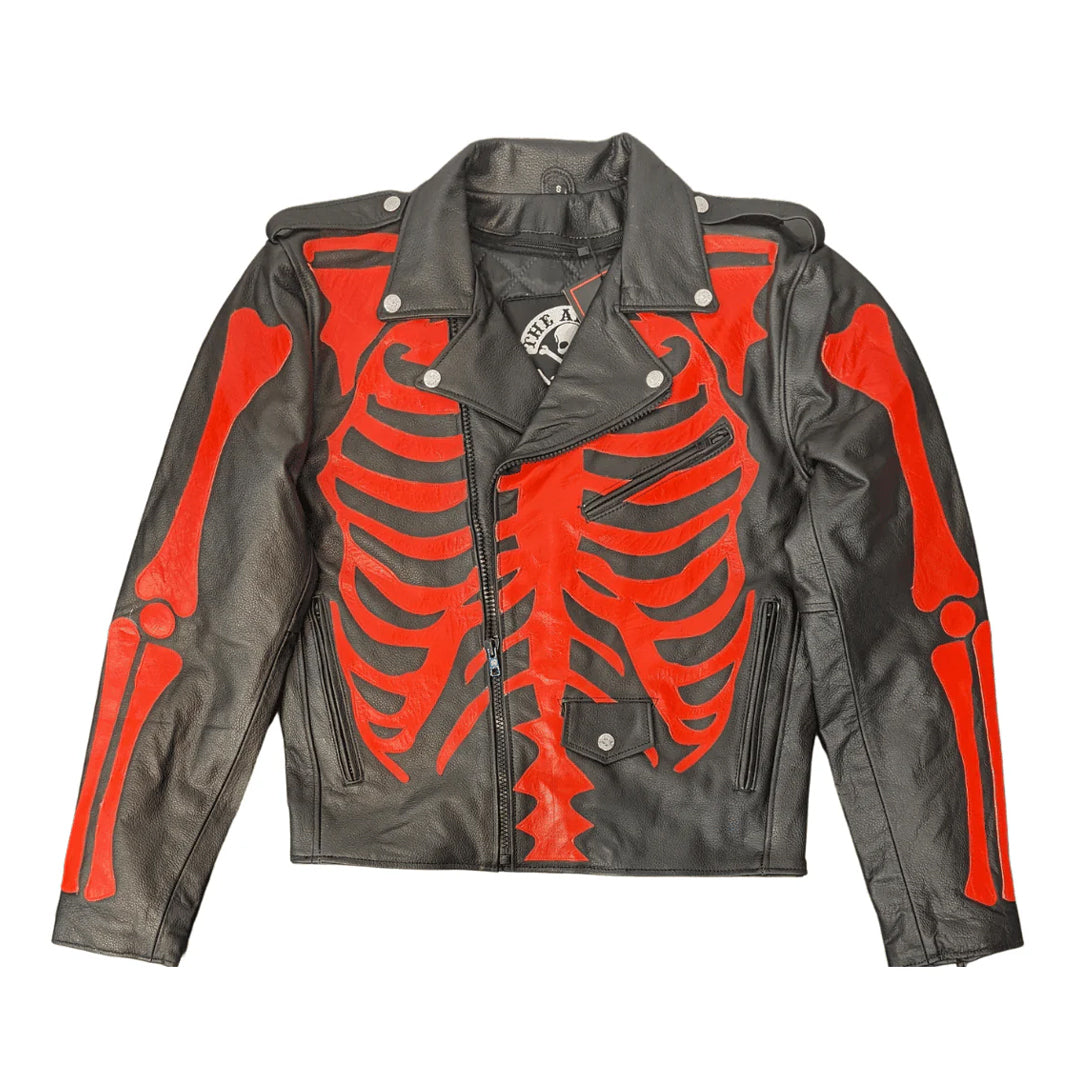 Red on Black Skeleton Bones Style Leather Jacket