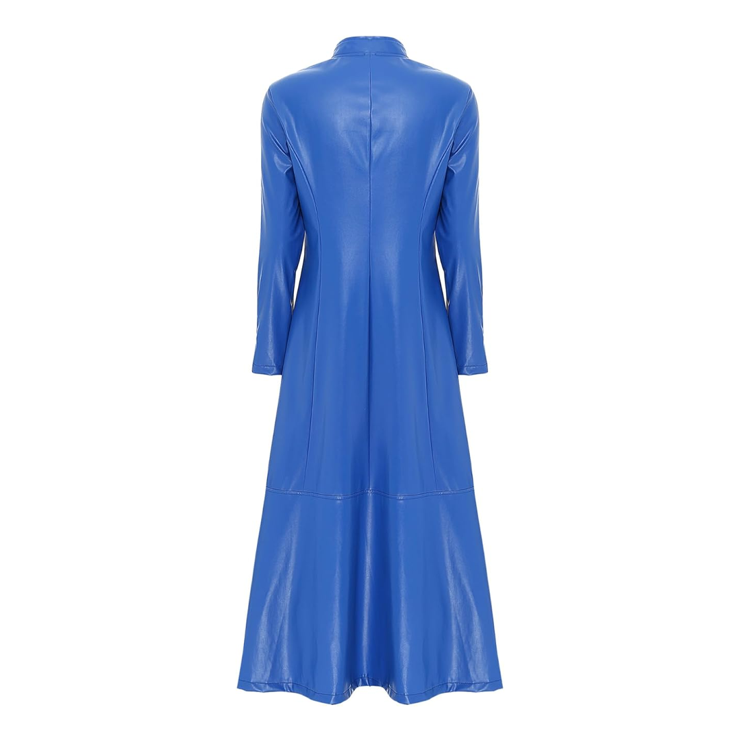 Blue Long Sleeves Full Zipper Ankle Trench Leather Coat