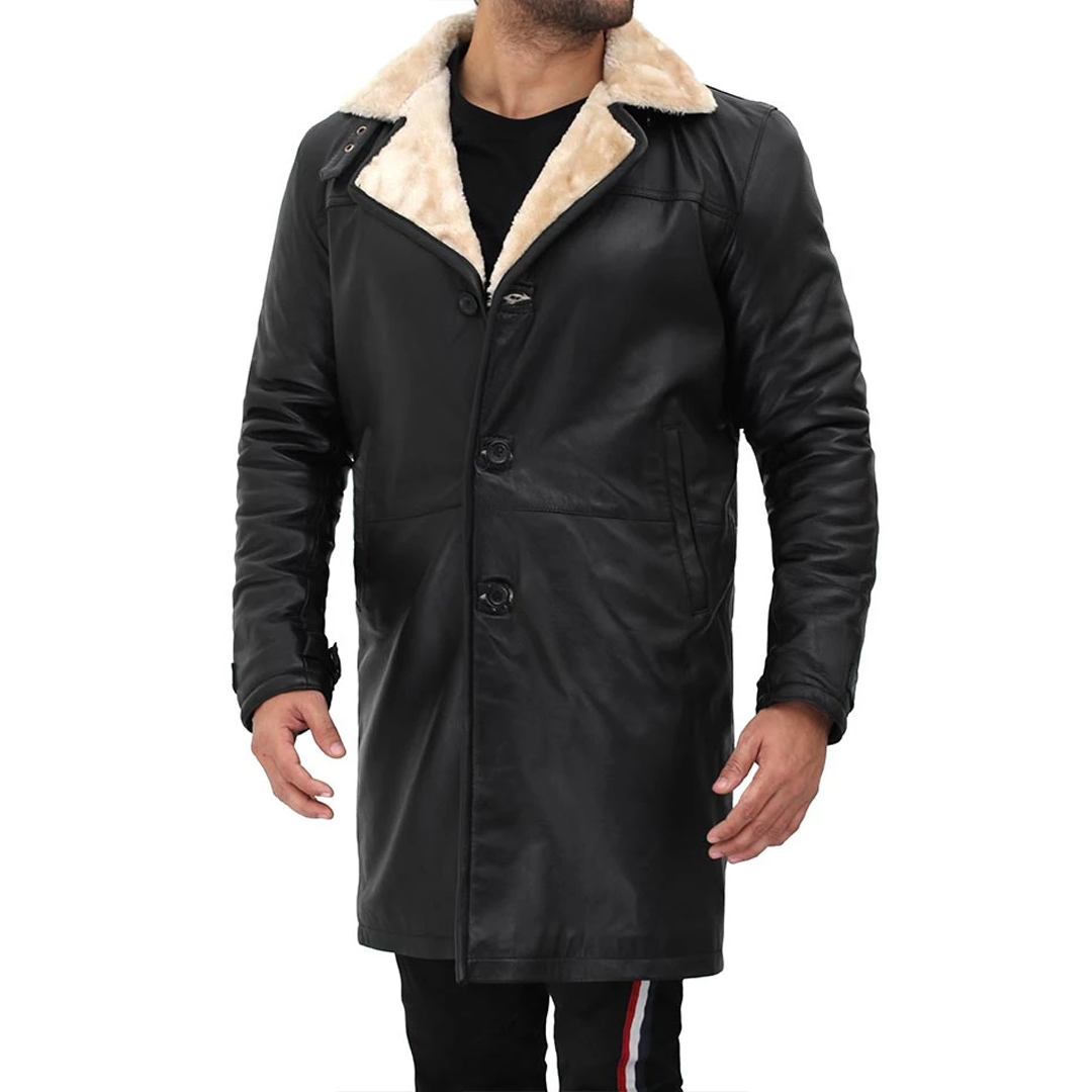 Beige Black Shearling Leather Coat