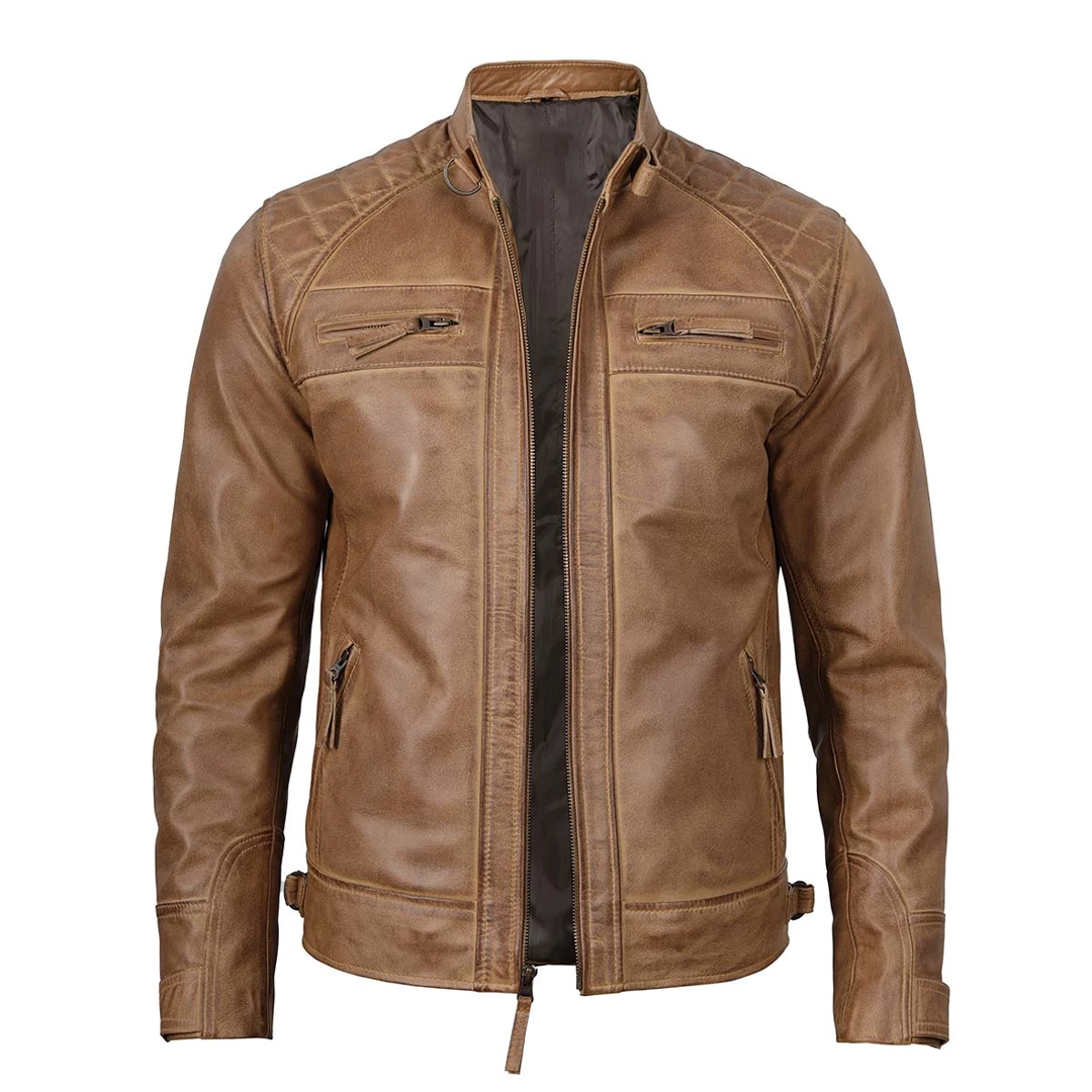 Men's Camel Brown Distressed Biker Leather Jacket