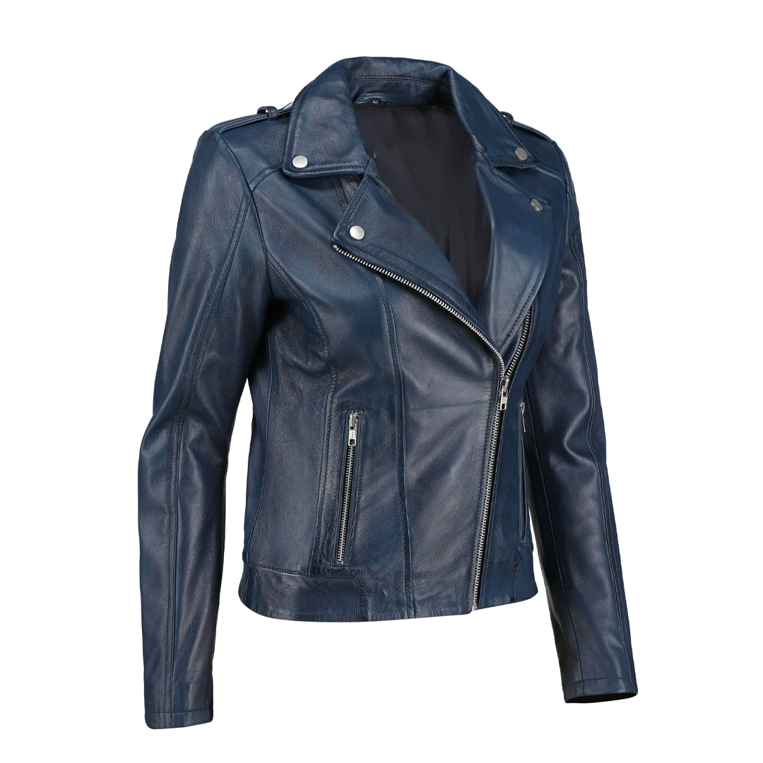 Women's Blue Zip-Up Handwaxed Moto Leather Jacket