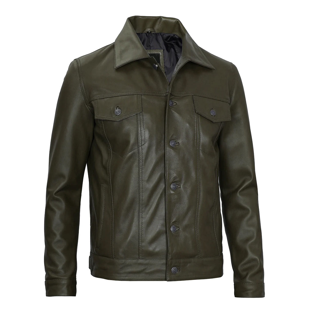 Men's Dark Green Fernando Real Leather Trucker Jacket