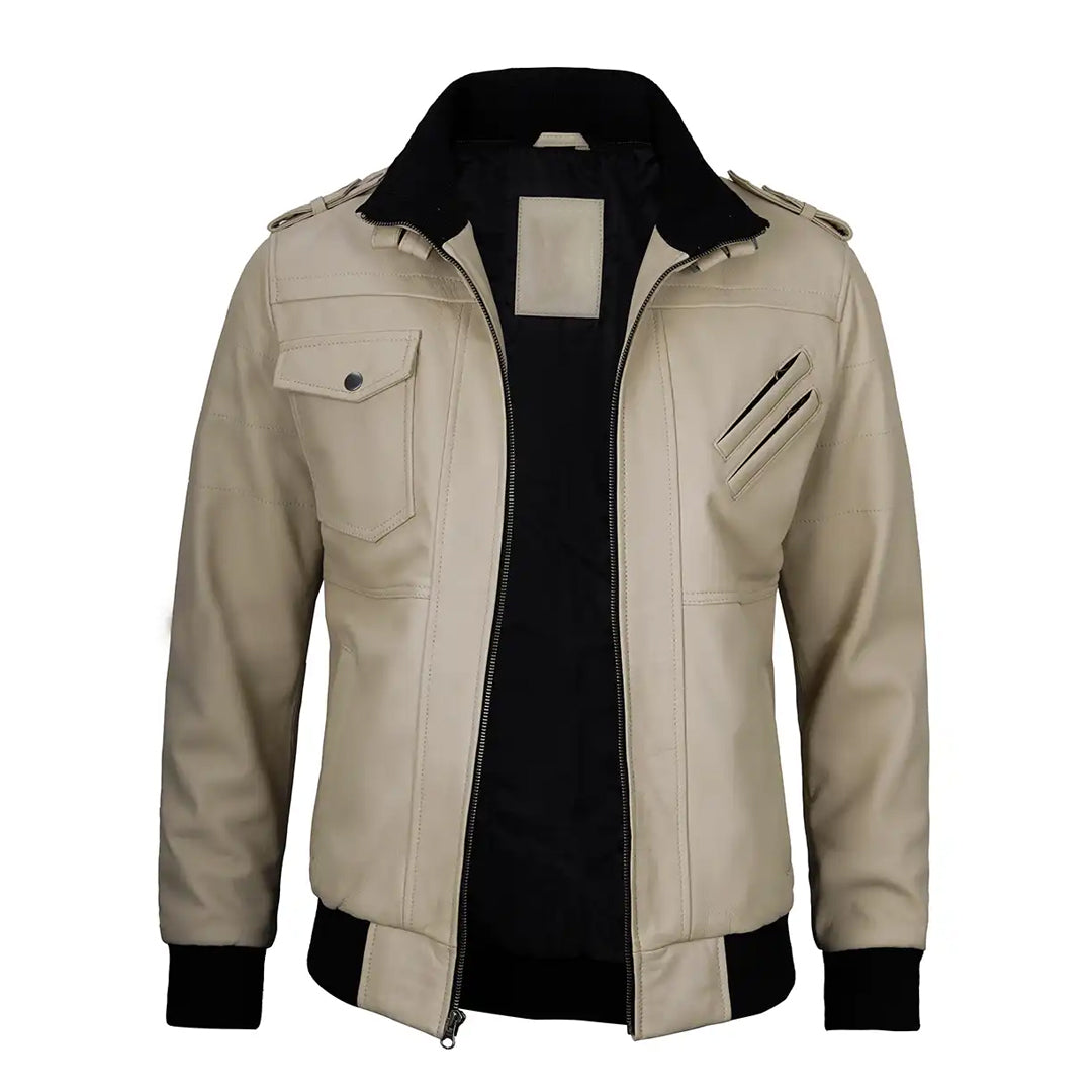 Men's Beige Removable Hood Leather Jacket