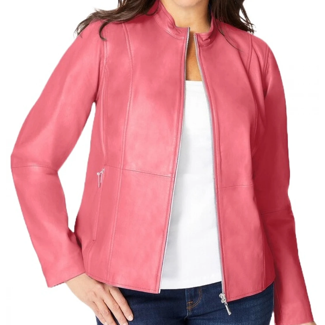 Women's Pink Zip Front Leather Jacket