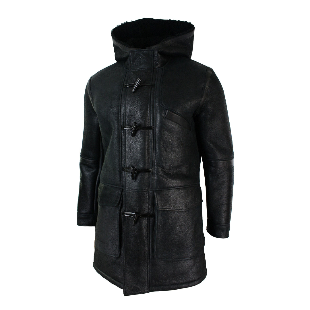 Black Real Hood Duffle Leather Shearling Coat