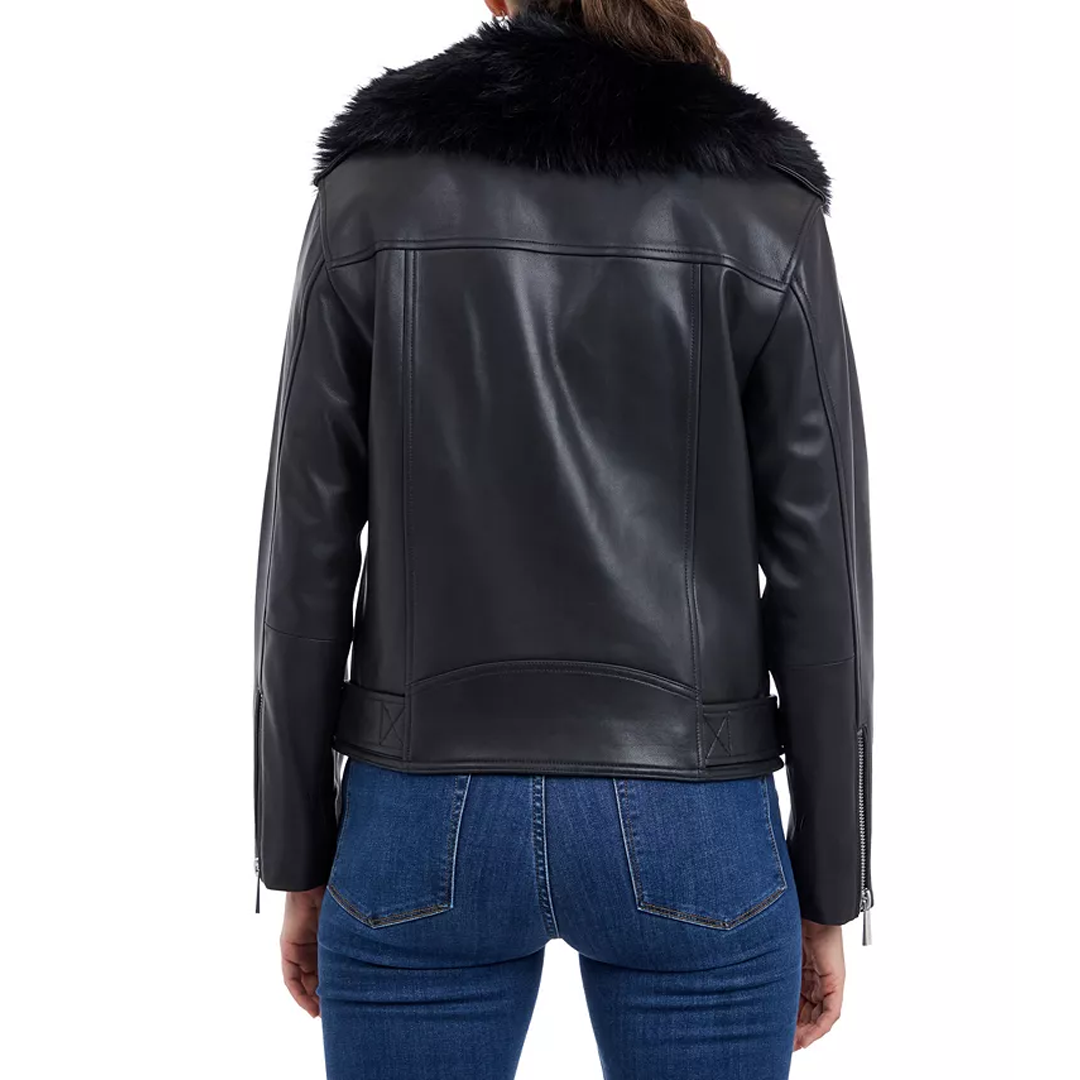 Women's Petite Fur-Collar Moto Leather Coat