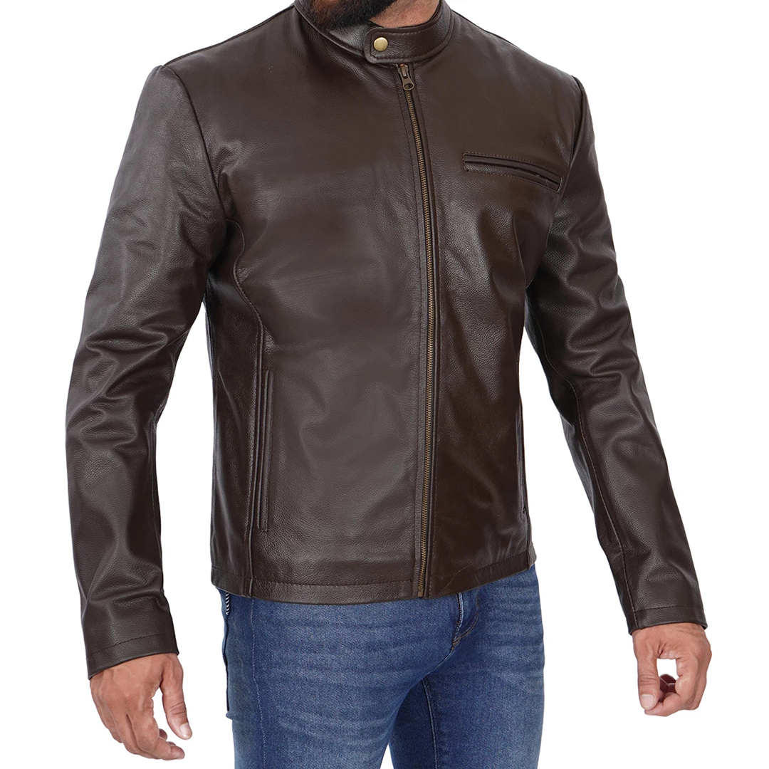 Men's Dark Brown Front Zipper Biker Leather Jacket