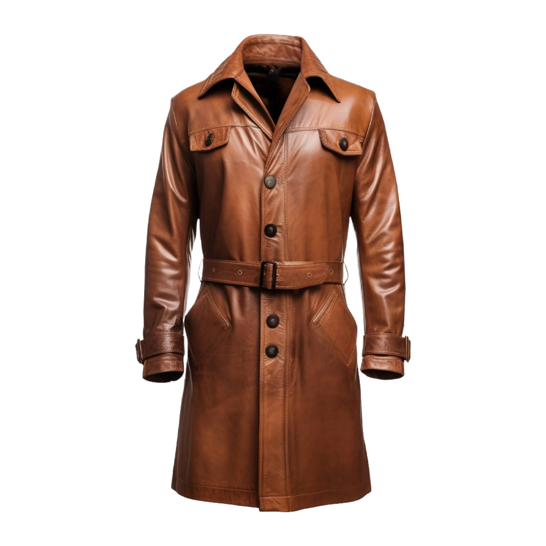 Brown Vintage Button Style Long Leather Coat