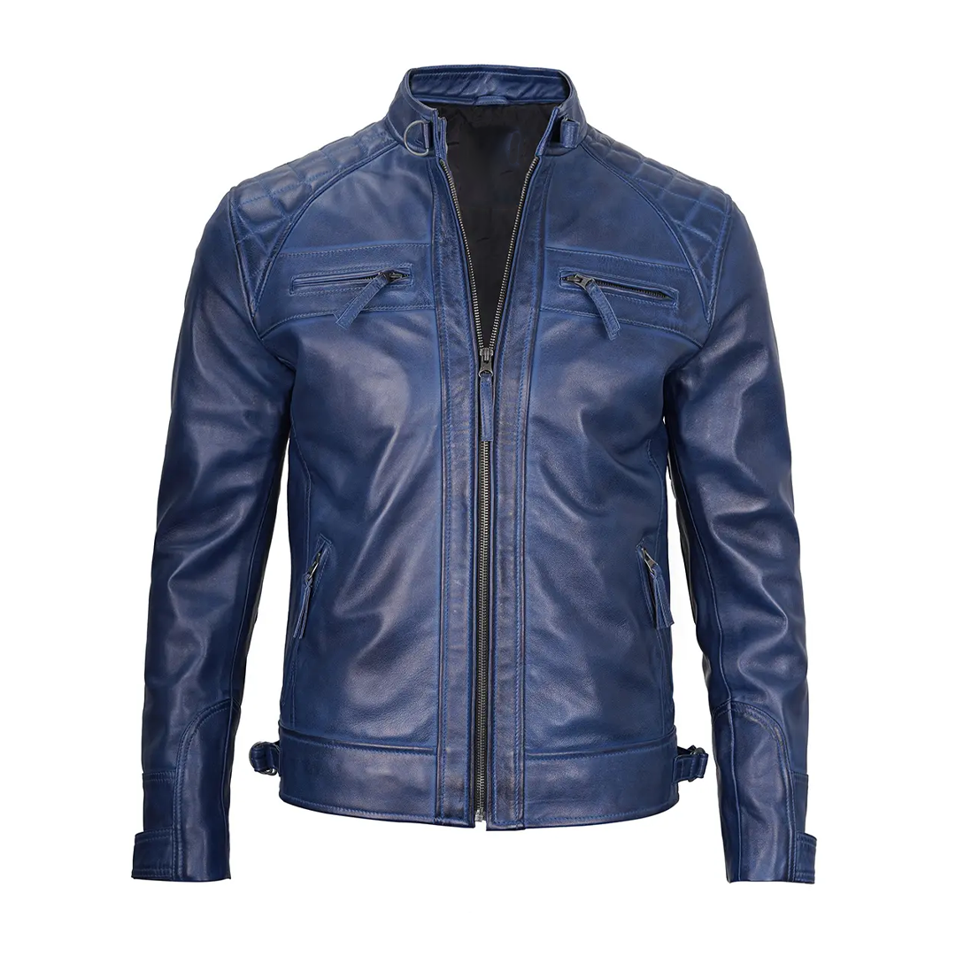 Men's Navy Wax Cafe Biker Leather Jacket