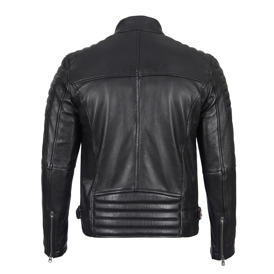 Men's Black Snap Button Collar Leather Jacket