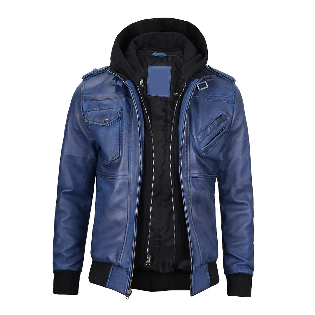 Men's Blue Removable Hood Leather Jacket