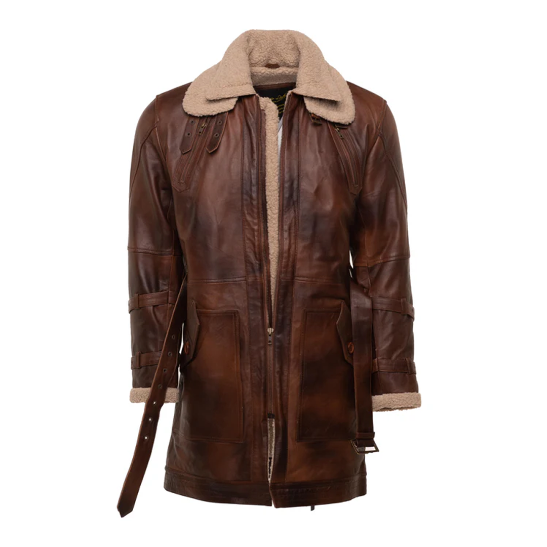 Rust Sherpa Lining Trench Leather Coat