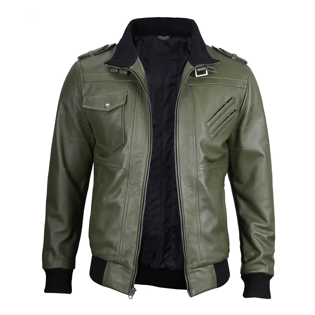 Men's Green Removable Hood Leather Jacket