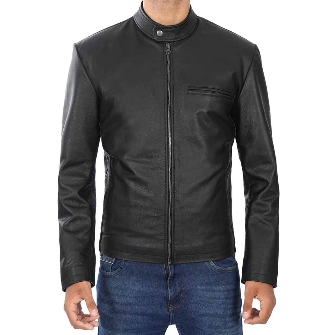 Men's Black Snap Collar Biker Leather Jacket