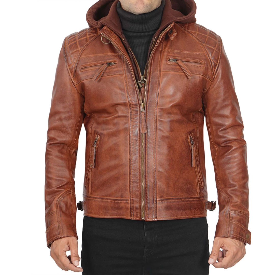 Men's Detachable Hood Johnson Tan Leather Jacket