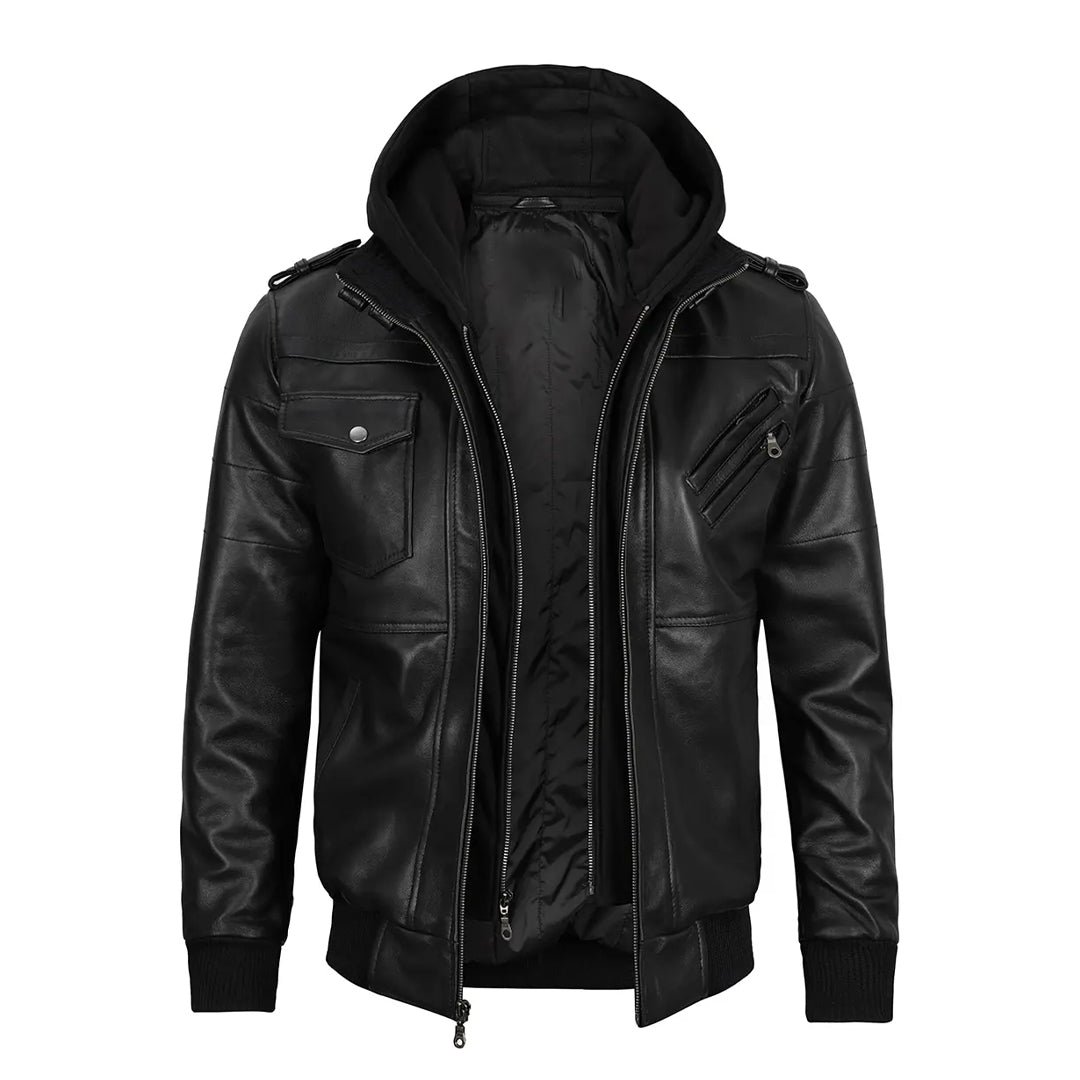 Men's Removable Hoodie Black Leather Jacket