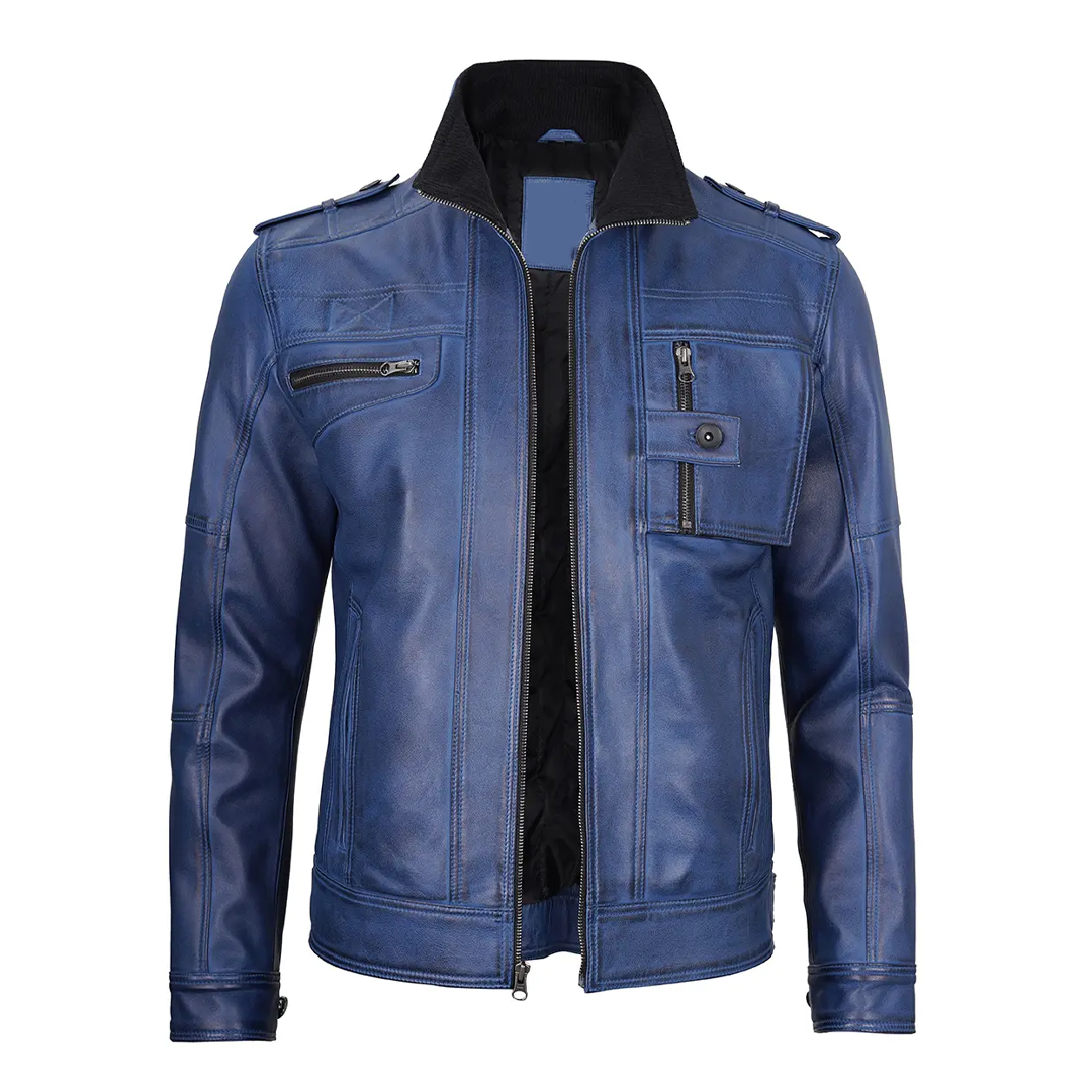 Men's Navy Cognac Biker Leather Jacket