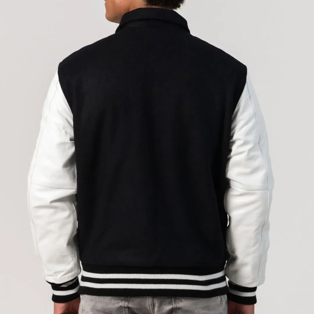 Black Body & White Leather Sleeves, Byron Collar and Zipper Varsity Jacket