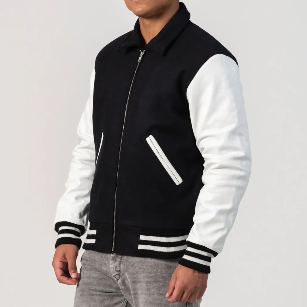 Black Body & White Leather Sleeves, Byron Collar and Zipper Varsity Jacket