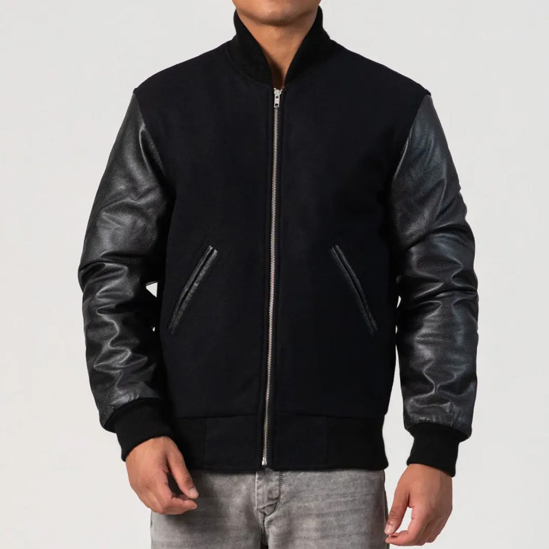 Black Melton Wool Body & Cowhide Leather Sleeves Zipper Jacket