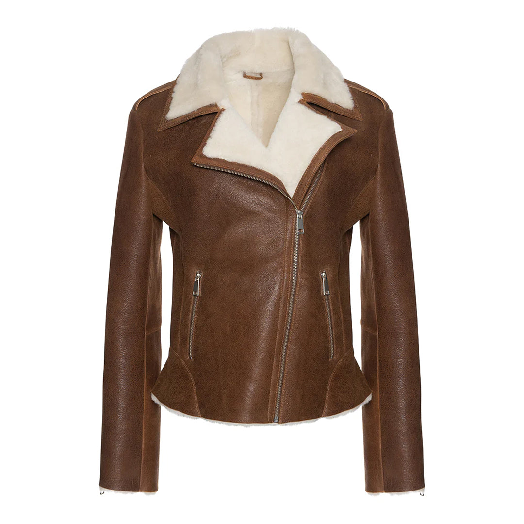 Women's Cognac Shearling Straight Moto Jacket