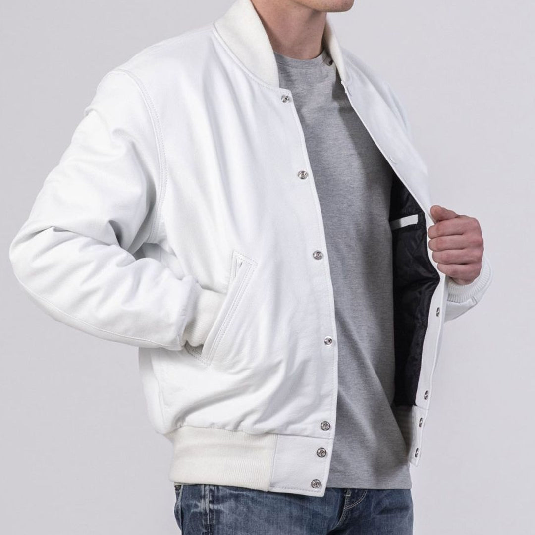 All White Leather Varsity Jacket