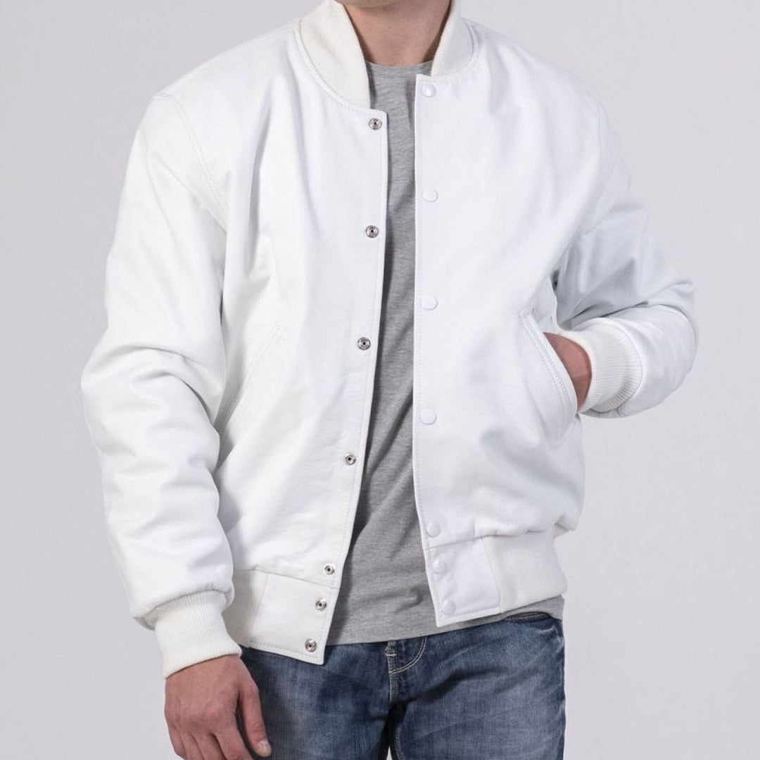 All White Leather Varsity Jacket