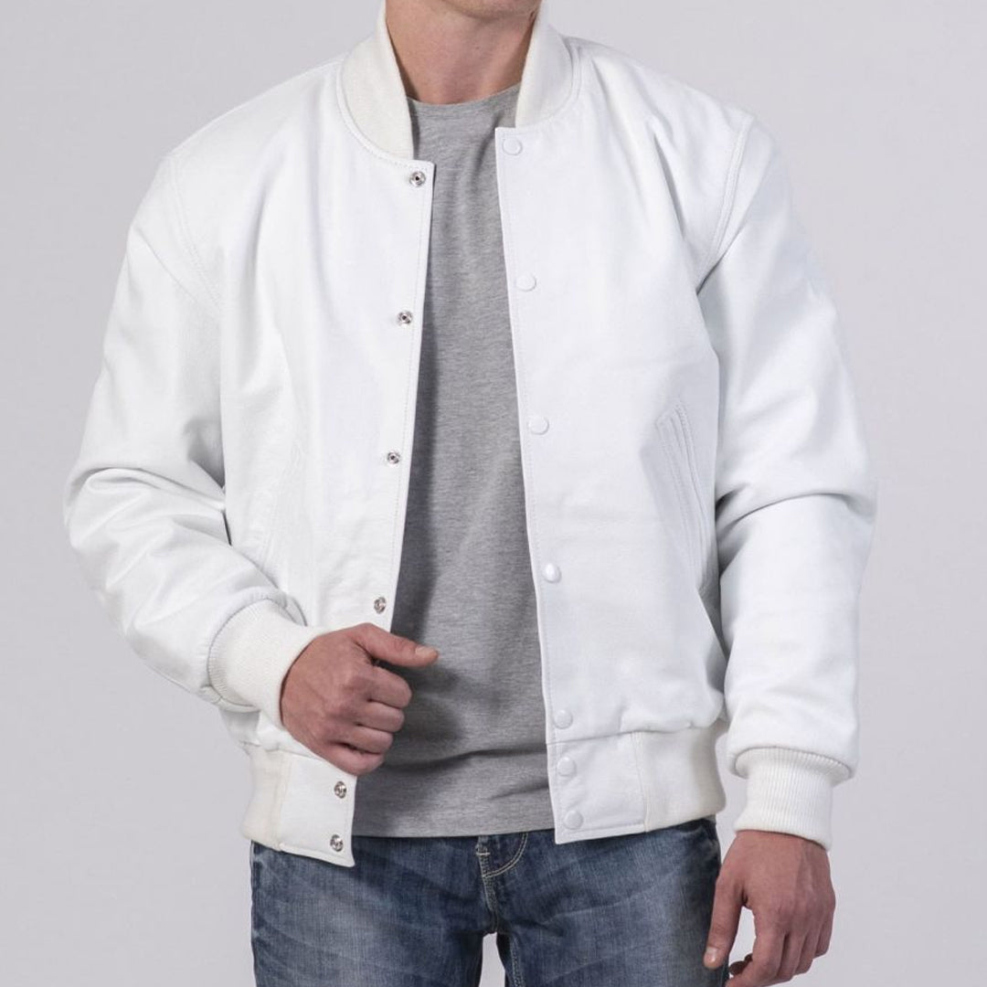 All White Leather Varsity Jacket