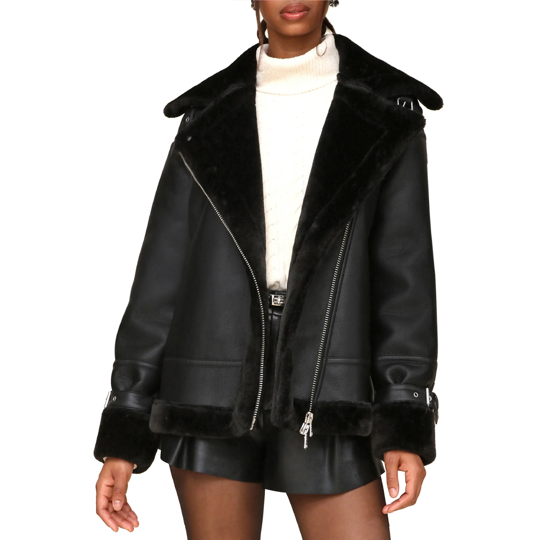 Women's Faux Shearling Oversize Moto Leather Jacket