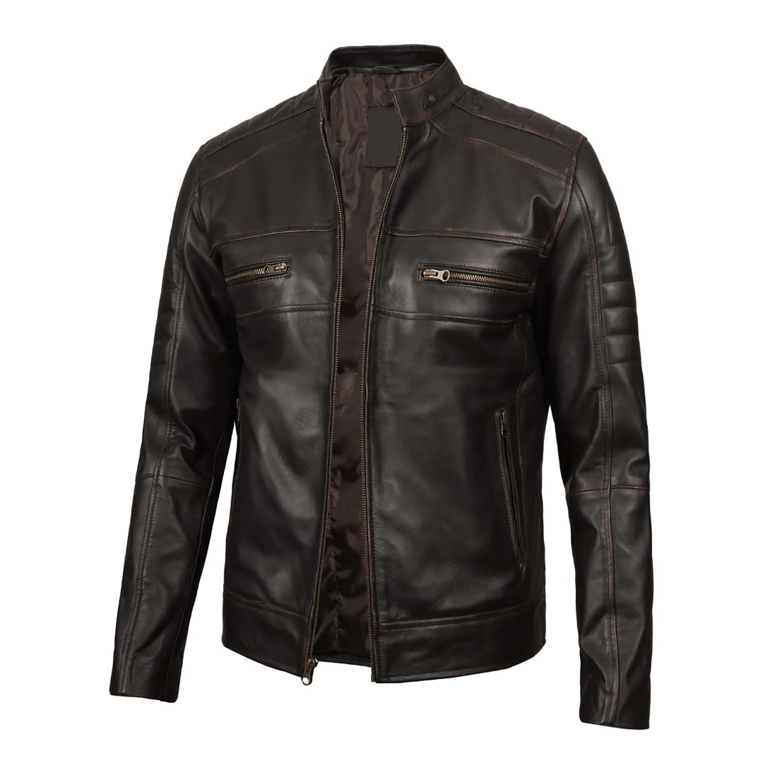 Men's Distressed Dark Brown Biker Real Leather Jacket