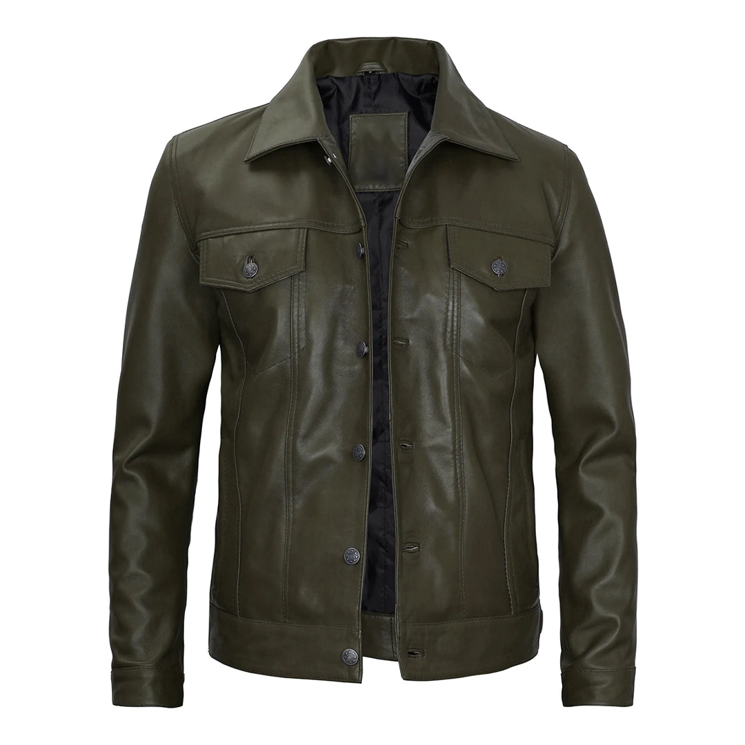 Men's Dark Green Fernando Real Leather Trucker Jacket