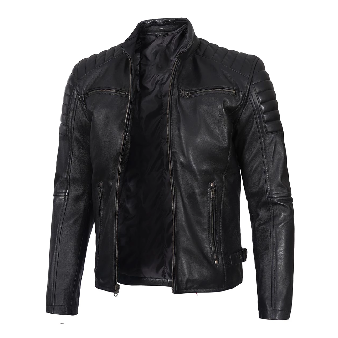 Men's Black Snap Button Collar Leather Jacket