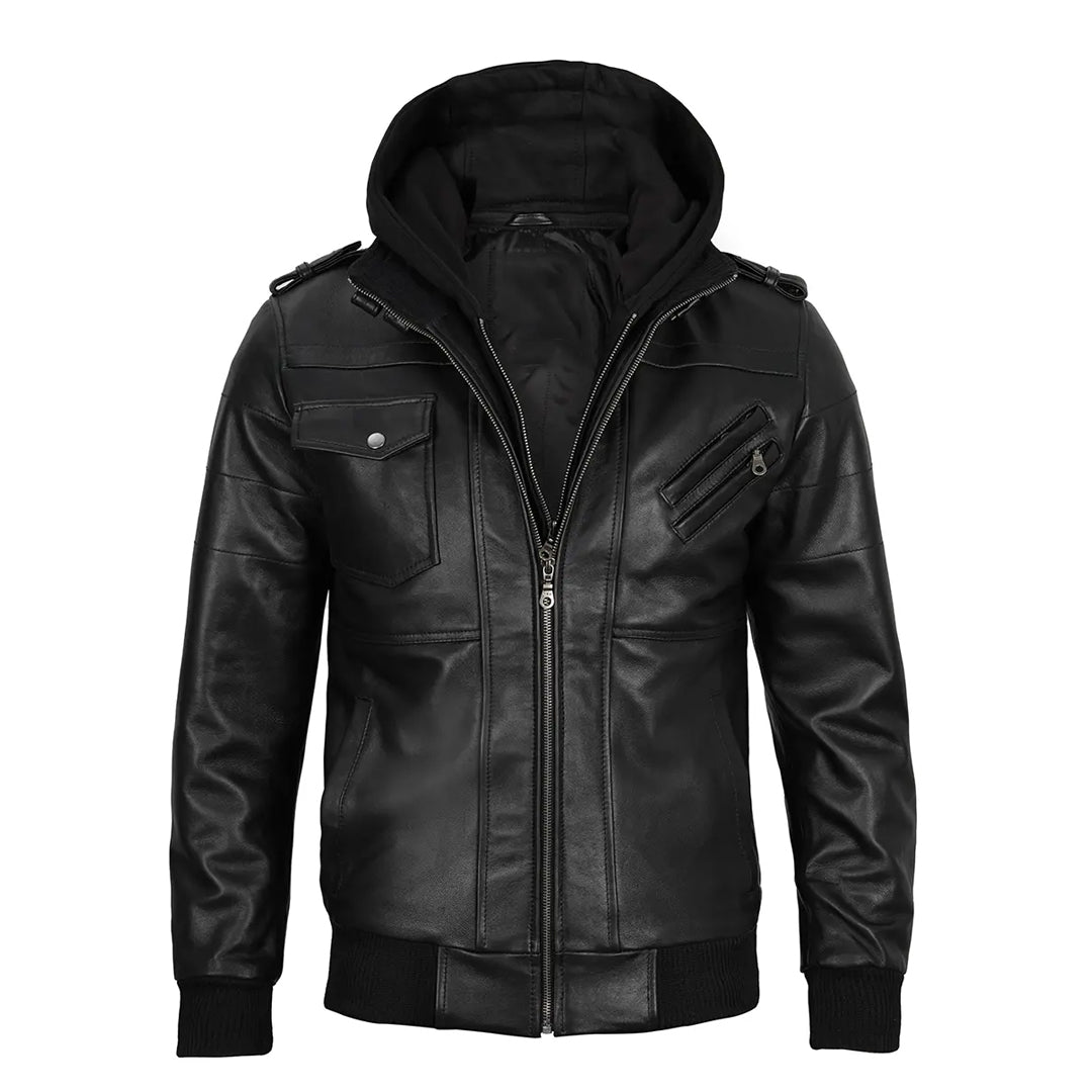 Men's Removable Hoodie Black Leather Jacket