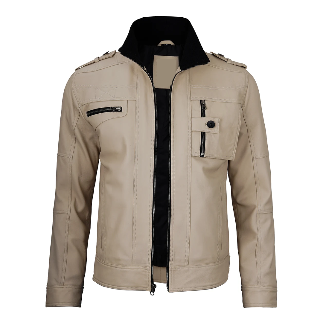 Men's Distressed Tavares Beige Biker Leather Jacket