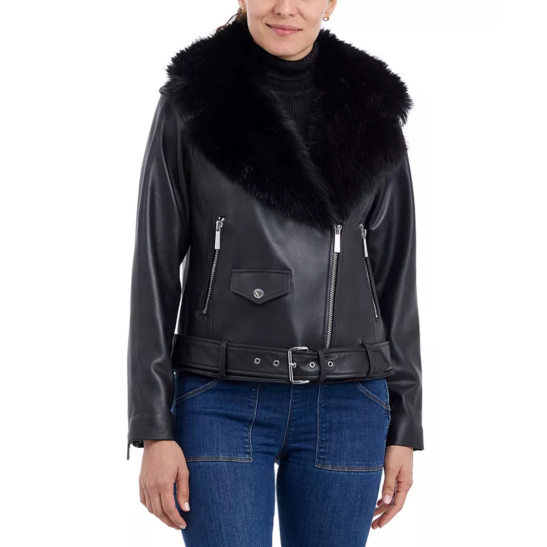 Women's Petite Fur-Collar Moto Leather Coat