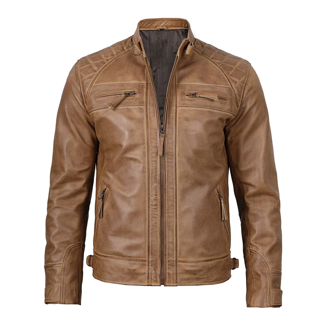 Men's Camel Brown Distressed Biker Leather Jacket