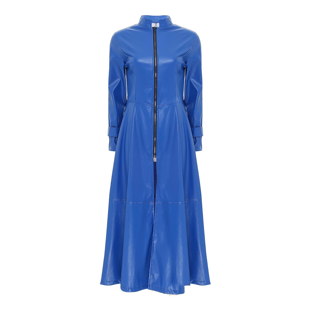 Blue Long Sleeves Full Zipper Ankle Trench Leather Coat