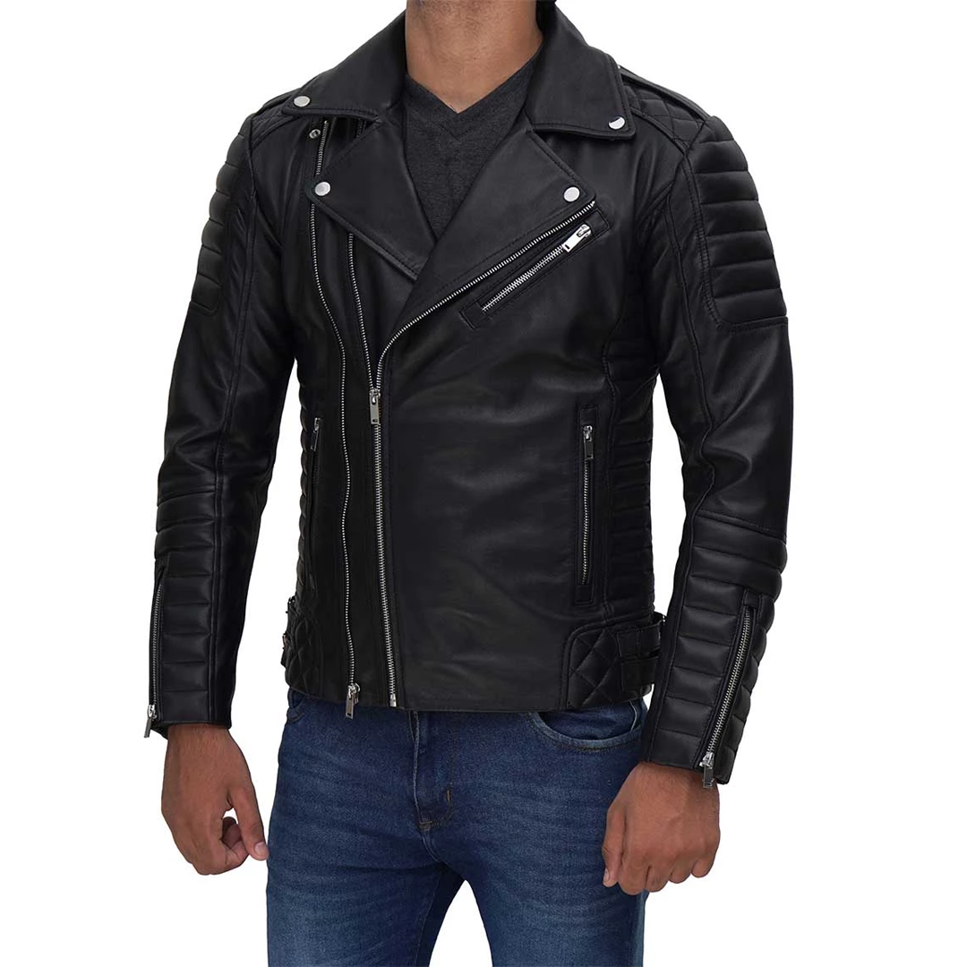 Mens Biker Style Asymmetrical Black Leather Jacket