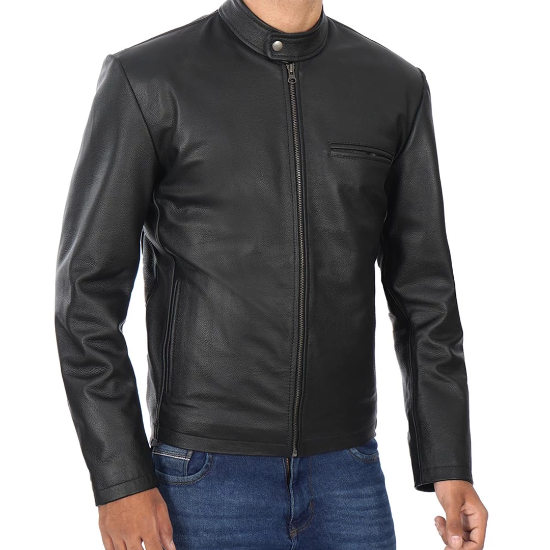 Men's Black Snap Collar Biker Leather Jacket