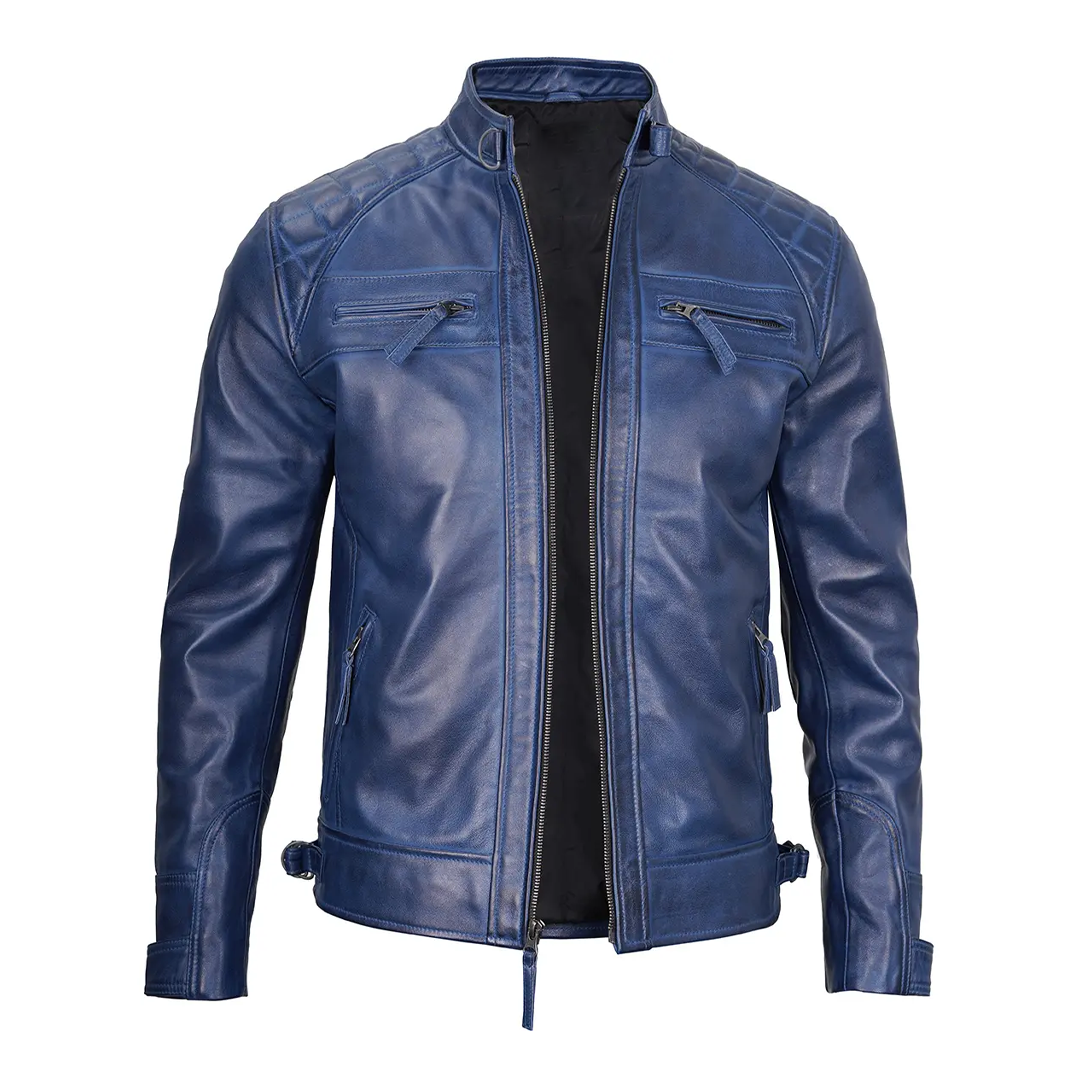 Men's Navy Wax Cafe Biker Leather Jacket